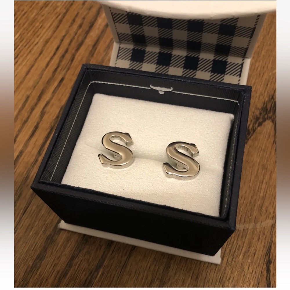 New. OX & BULL Initial Letter “S” Cufflinks Rhodium Silver Plate 1/2”x1/2”